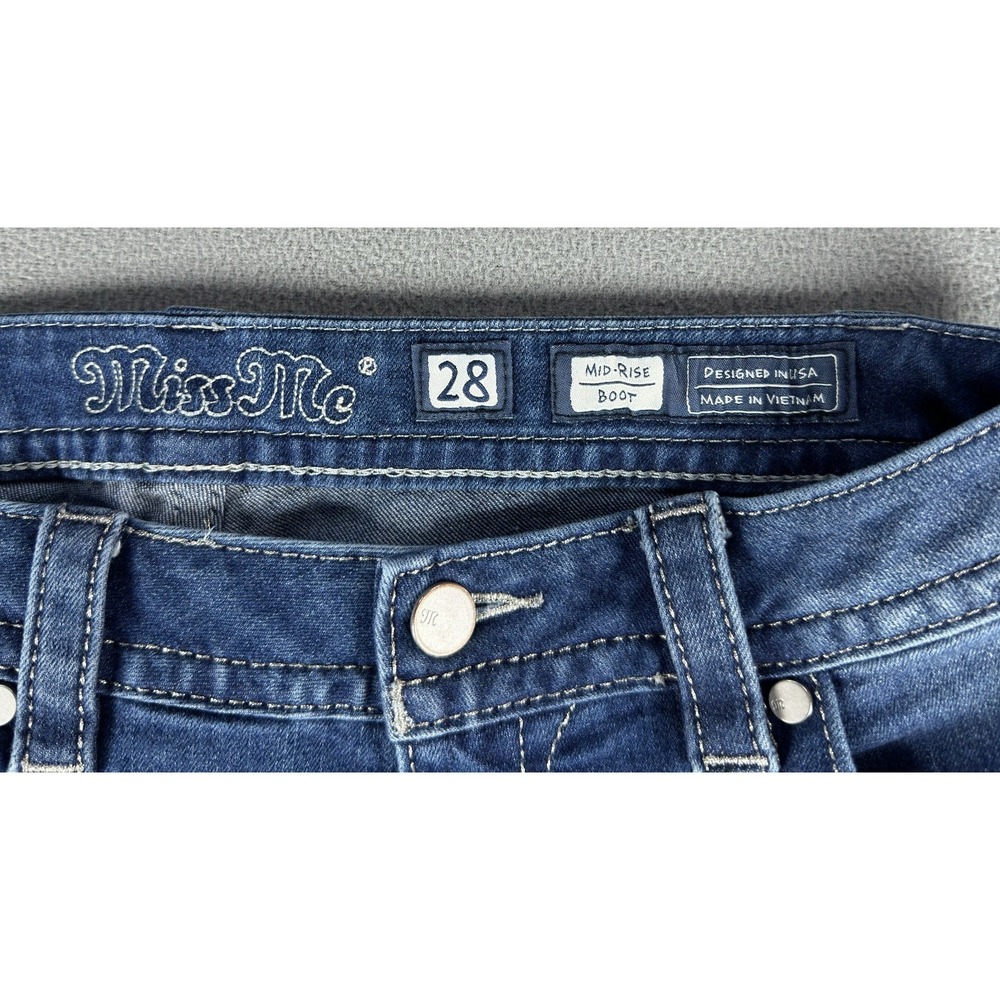 Miss Me Jeans Womens 28 Blue Mid Rise Boot Distressed Whiskered Y2K Cowgirl - Picture 11 of 12